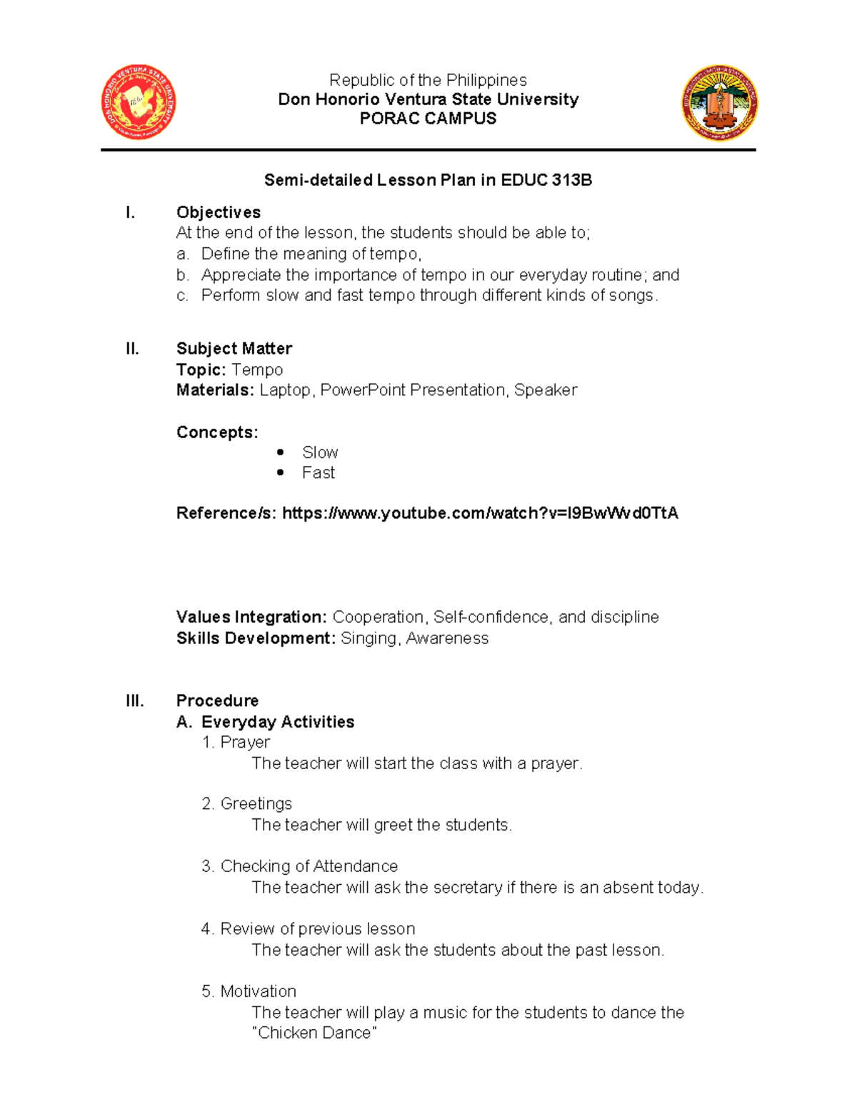 Semi-Detailed Lesson Plan on Tempo in EDUC 313B - Studocu