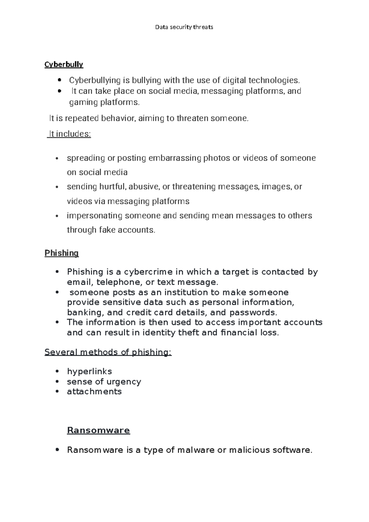 Cyber Security 2 - Research Paper on Data Security Threats - Studocu