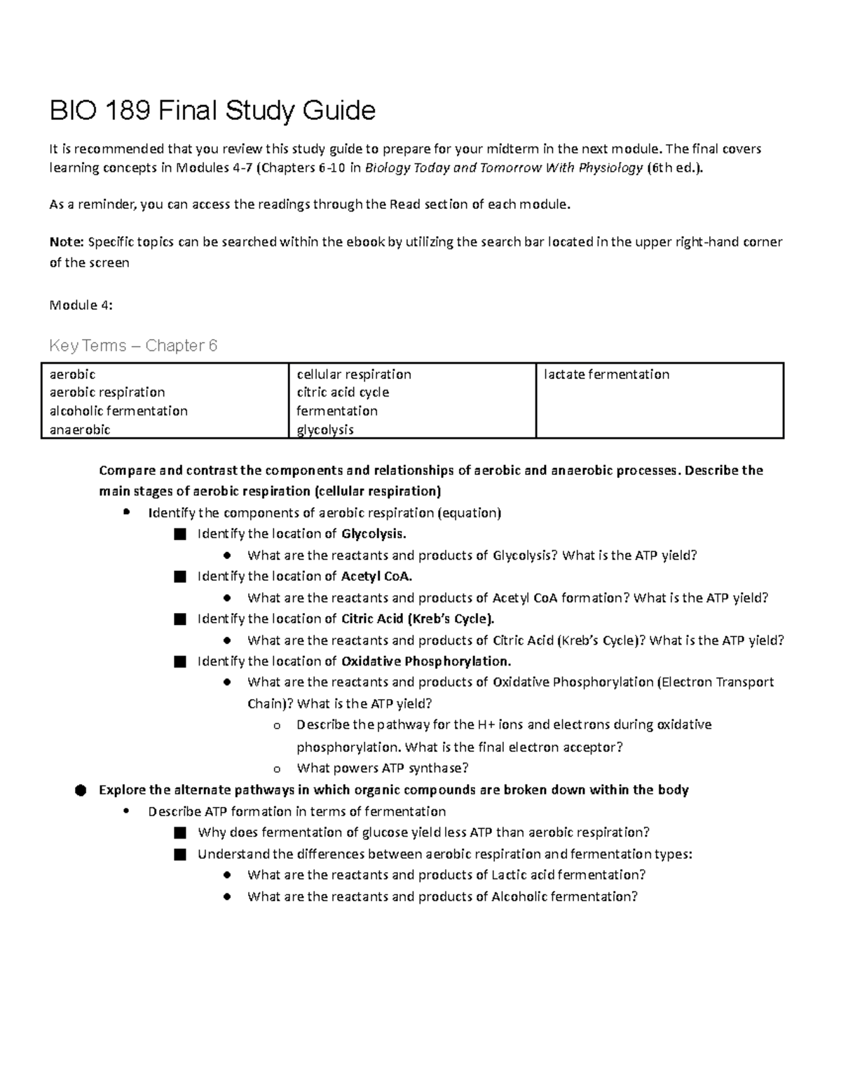 BIO 189 Final Exam Study Guide: Key Concepts from Modules 4-7 - Studocu