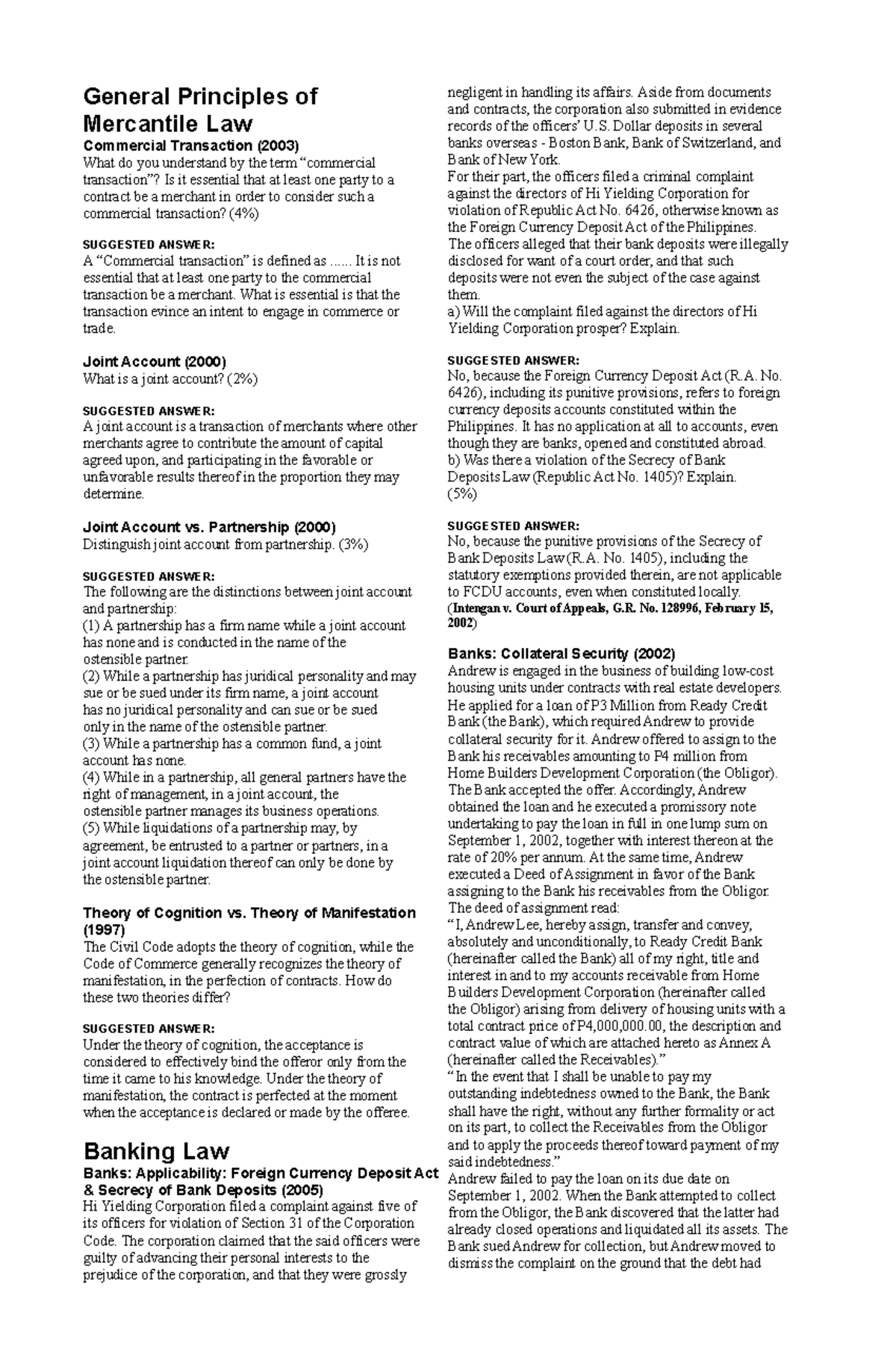Commercial Law (533826685) Suggested Answers to Bar Exams: Key ...