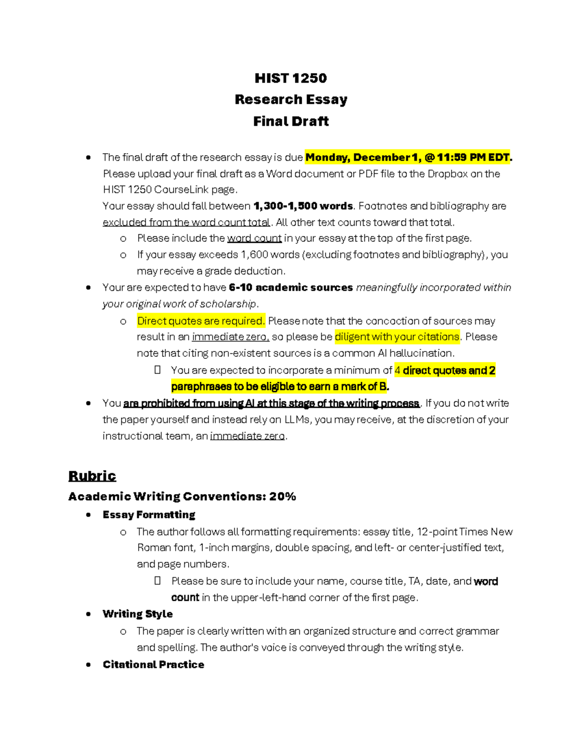 HIST 1250 Research Essay Final Draft Guidelines and Rubric - Studocu