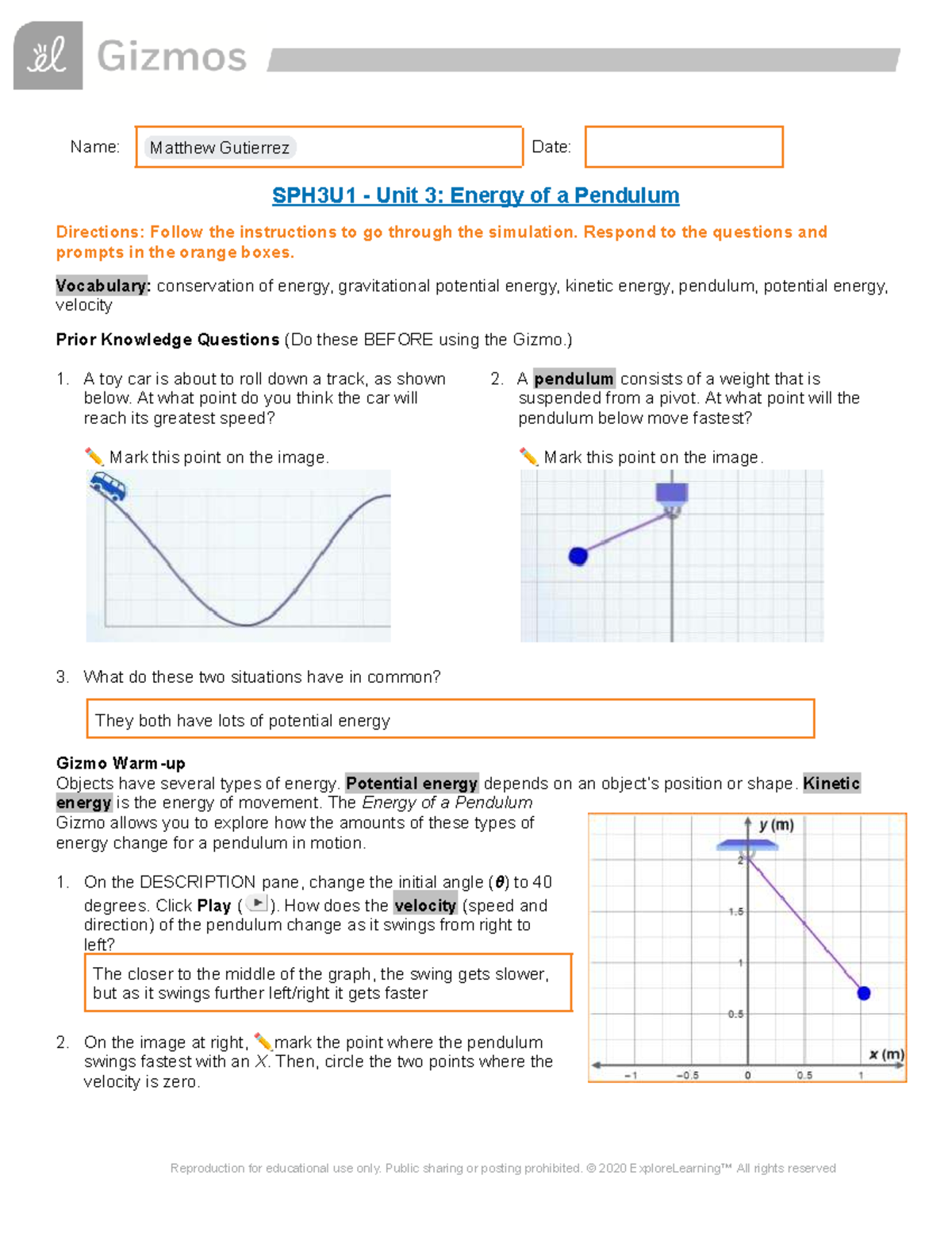 SPH3U1 Unit 3: Energy of a Pendulum Gizmo Activity Guide - Studocu