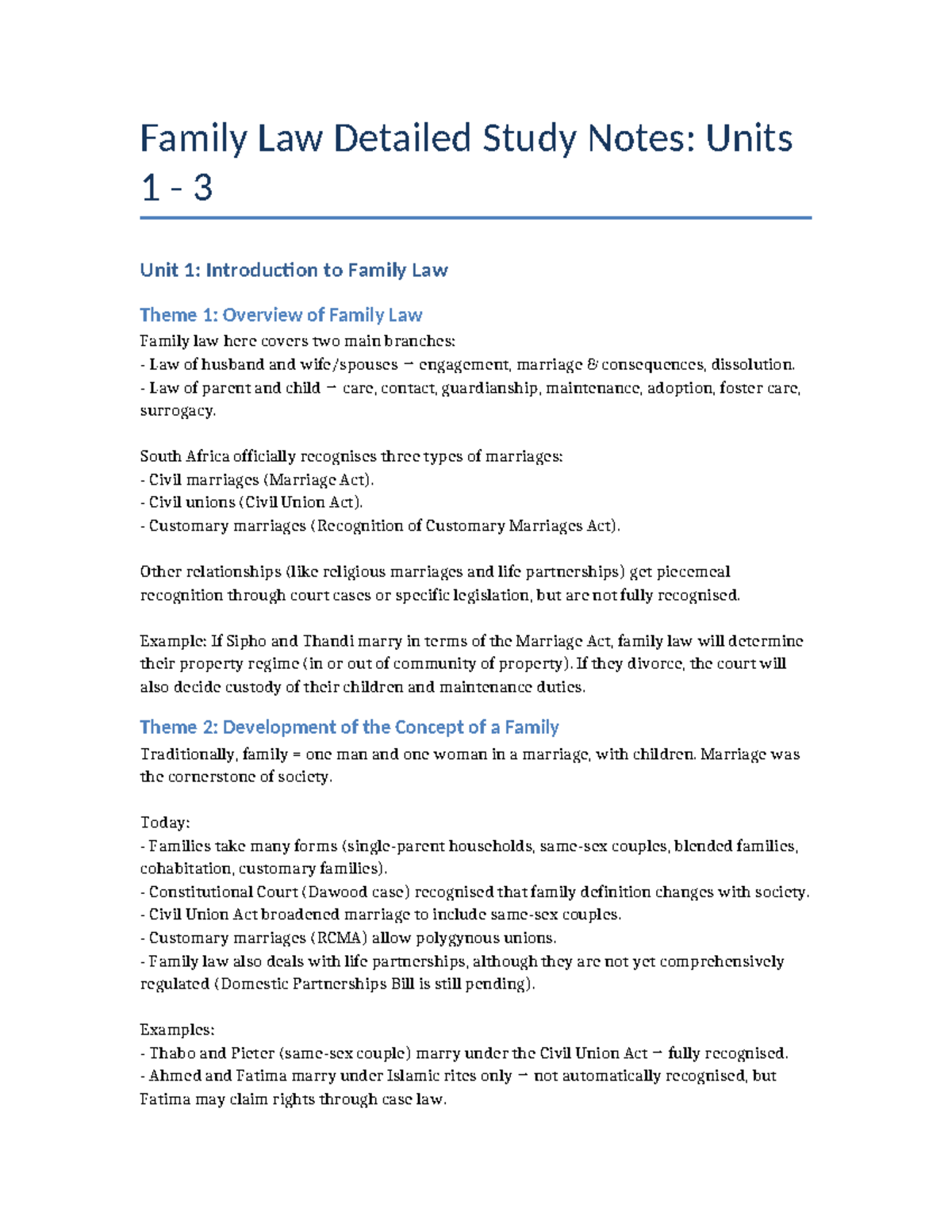 Family Law Detailed Study Notes: Units 1-3 Overview - Studocu