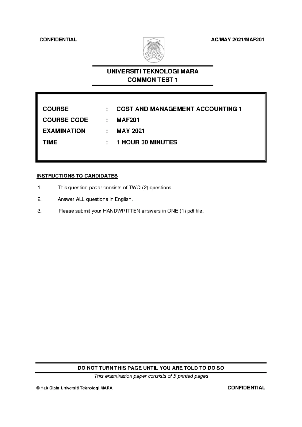 TEST 2 MAF251 DEC2022 - Cost & Management Accounting Exam Paper - Studocu