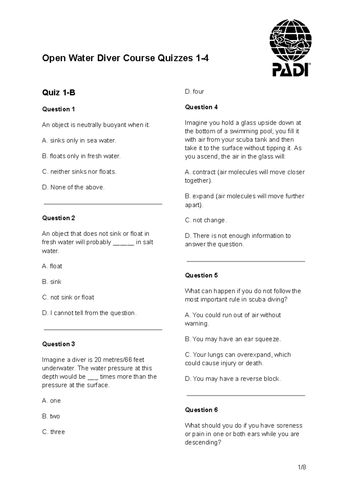 Open Water Diver Course Quizzes 1-4: Key Questions & Answers - Studocu