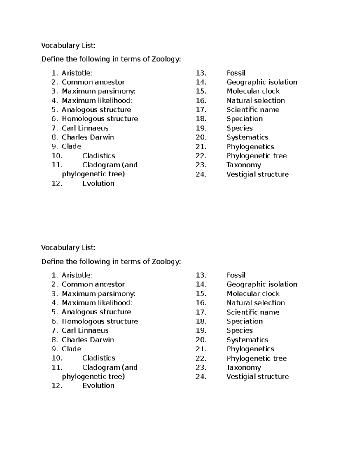ZOO 101: Vocabulary List for Zoology Definitions and Concepts - Studocu