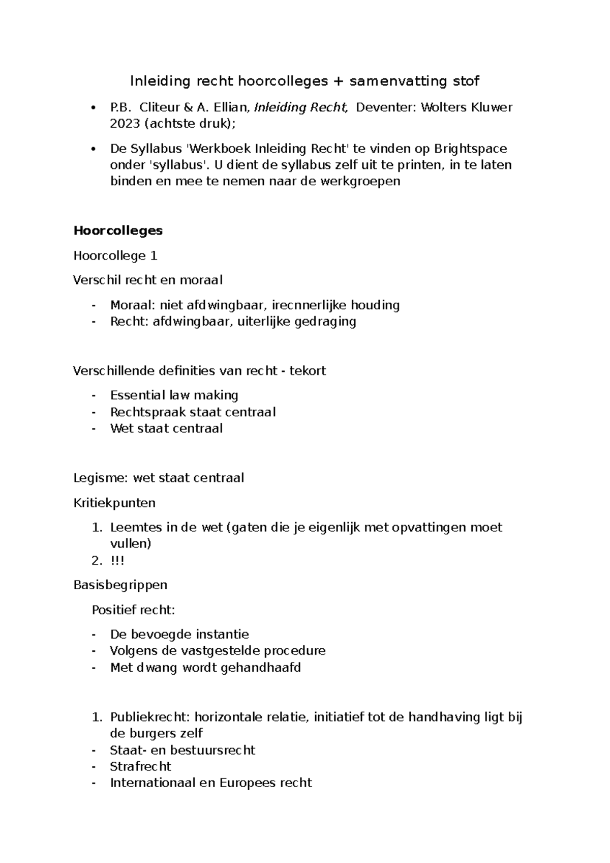 Samenvatting Hoorcolleges Inleiding Recht (2023) - Werkgroep Stof ...
