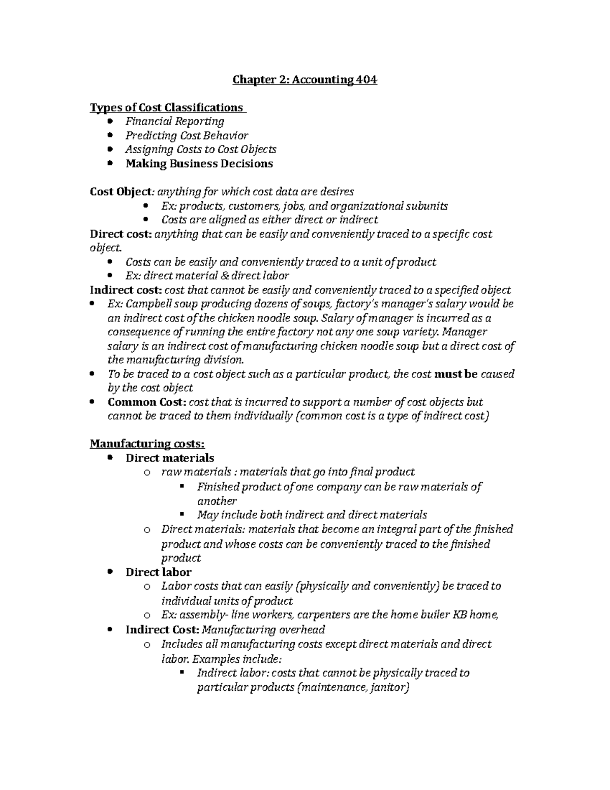 Chapter 2 Notes: Cost Classifications in ACCTG 404 - Studocu