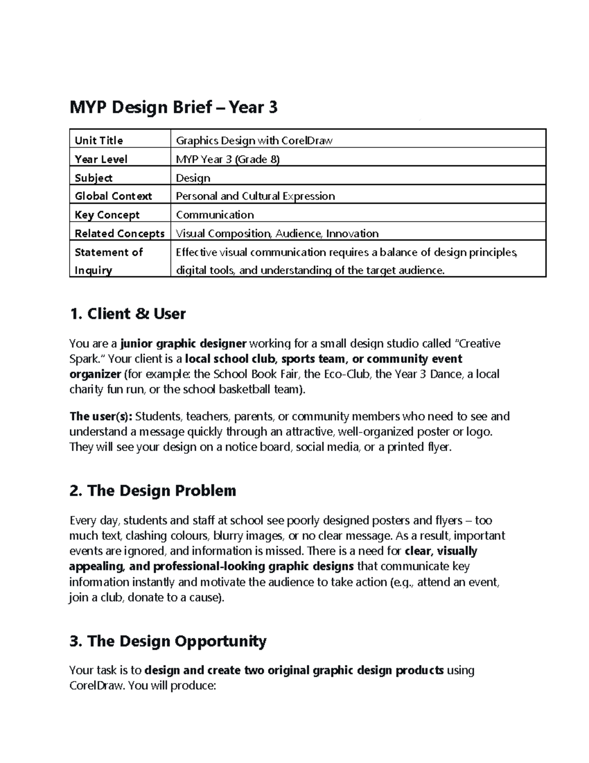 MYP Design Brief: Year 3 Graphics Design Project with CorelDraw - Studocu