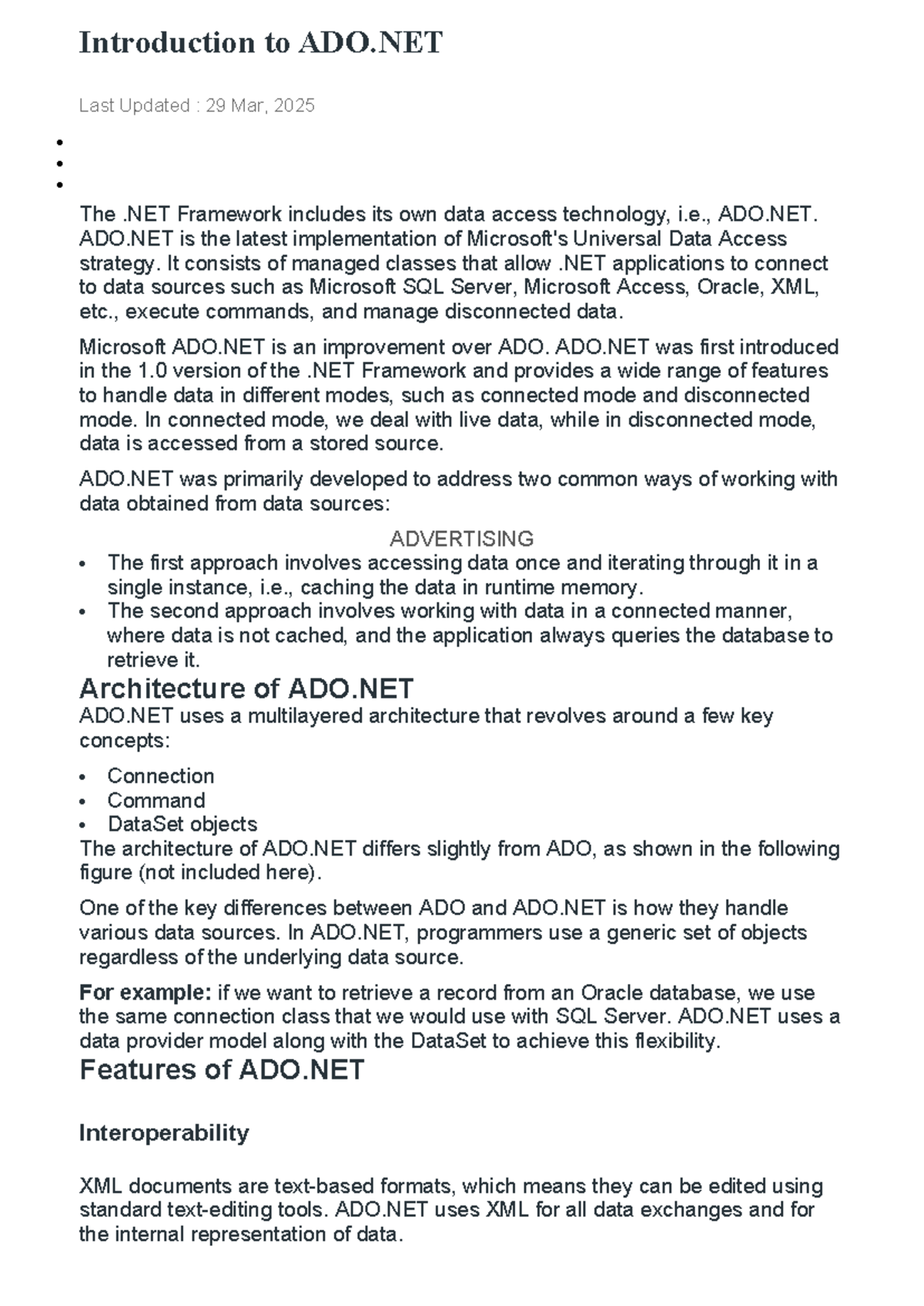 Introduction to ADO.NET: Key Features and Architecture Overview - Studocu