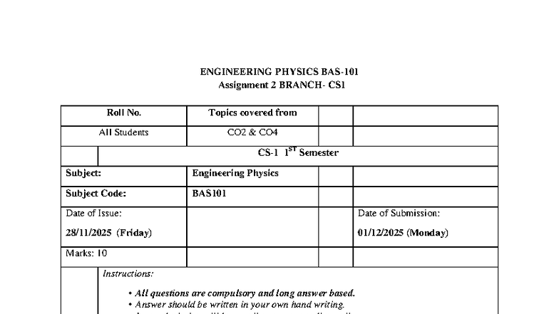 BAS101 Engineering Physics Assignment 2 - Topics & Questions - Studocu