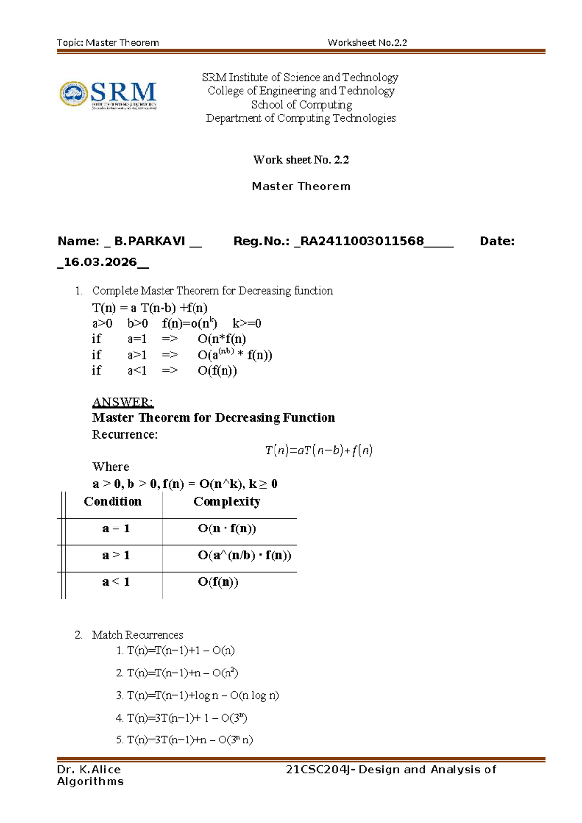 Master Theorem Worksheet No.2.2 - Algorithms Design & Analysis - Studocu