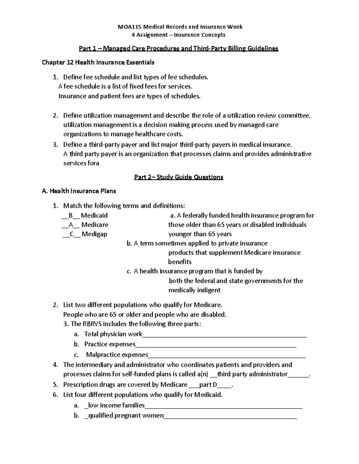 MOA115 Week 4 Assignment: Understanding Insurance Concepts - Studocu