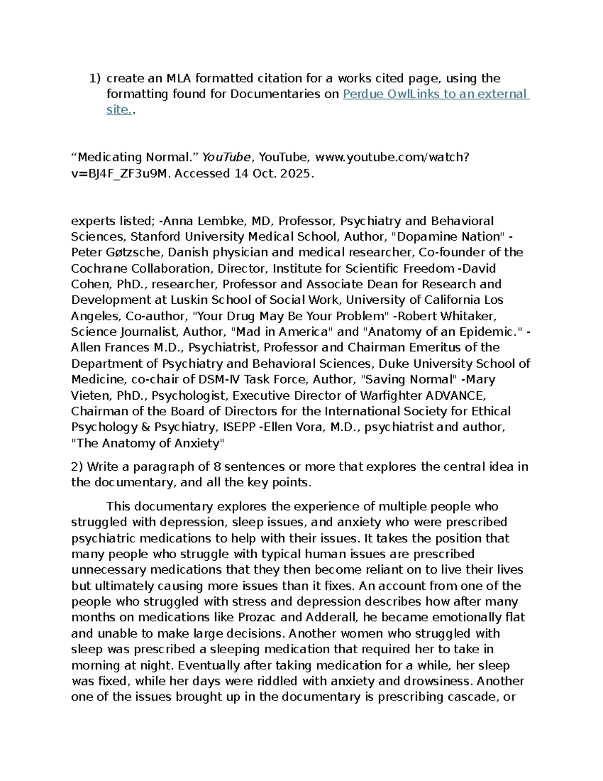 Documentary Assignment: Analyzing Psychiatric Medications and Their ...