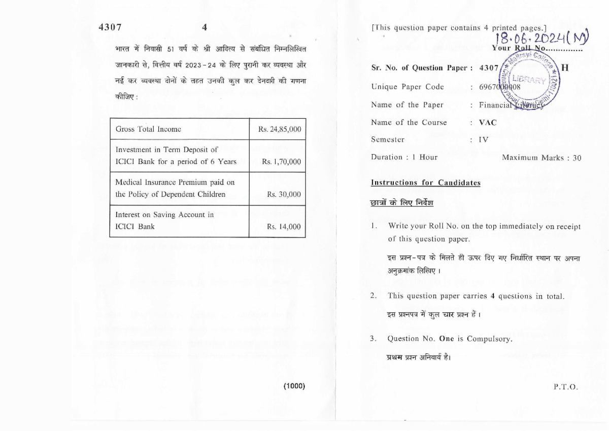 Financial Literacy 4307 - Question Paper for Semester IV Exam - Studocu