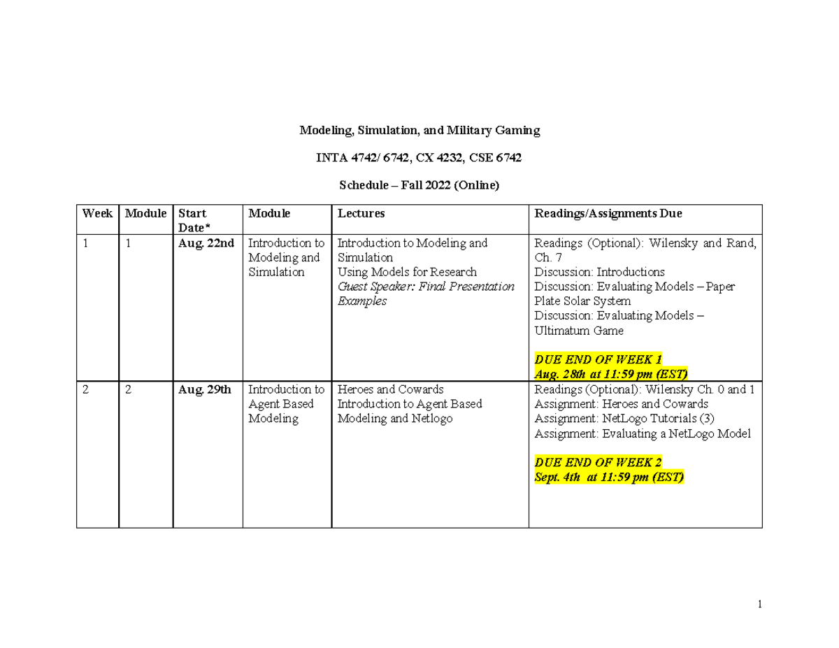 Schedule - OCS Modeling and Simulation Fall 2022 - Modeling, Simulation ...