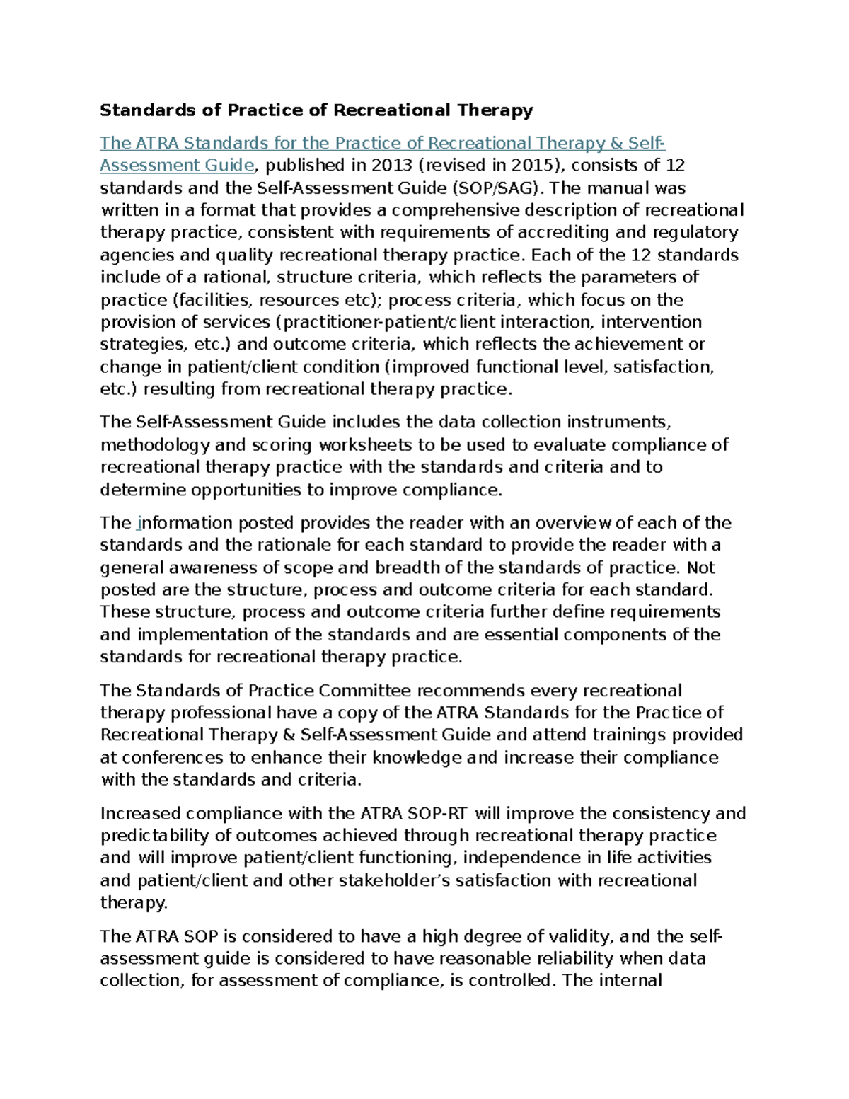 ATRA Standards for Practice of Recreational Therapy: Self-Assessment ...
