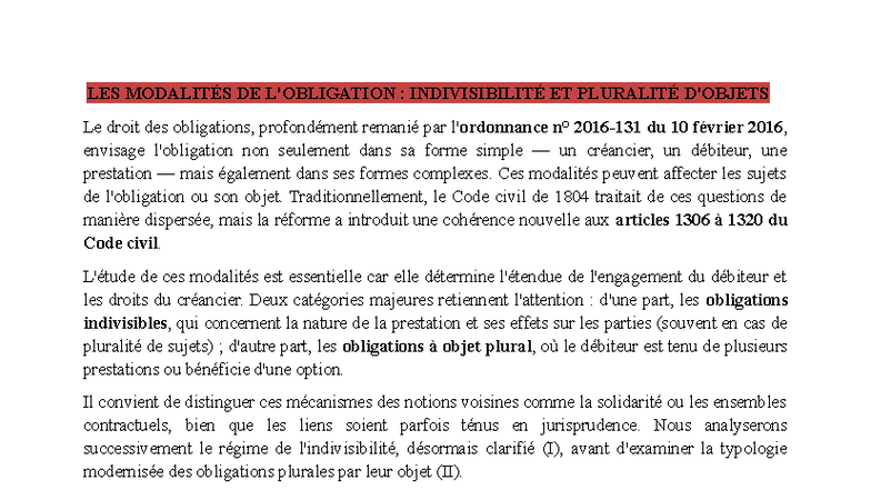 Les modalités de l'obligation : Indivisibilité et pluralité d'objets ...