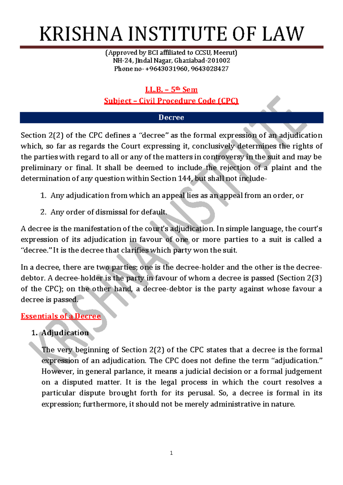 L-5th Sem (English Notes) CPC - KRISHNA INSTITUTE OF LAW (Approved by ...