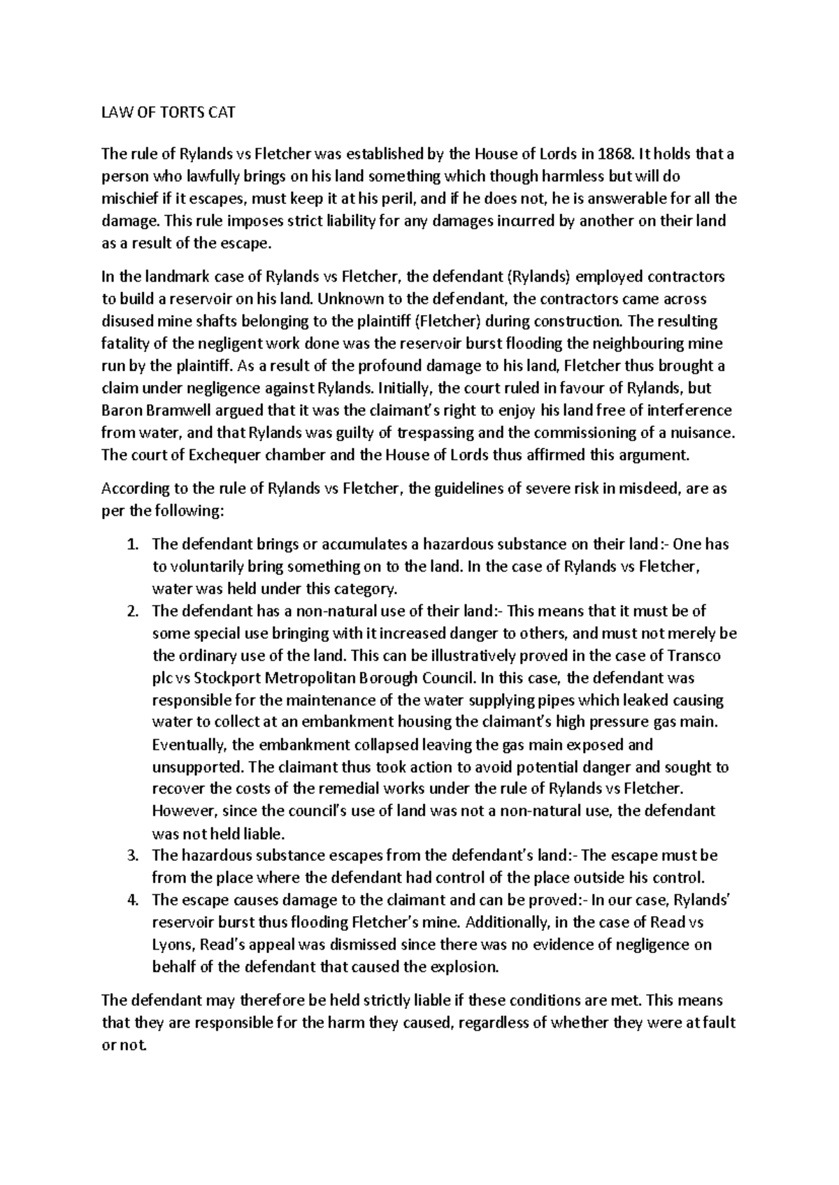 Law of Torts: Key Insights on Rylands v Fletcher (CAT) - Studocu
