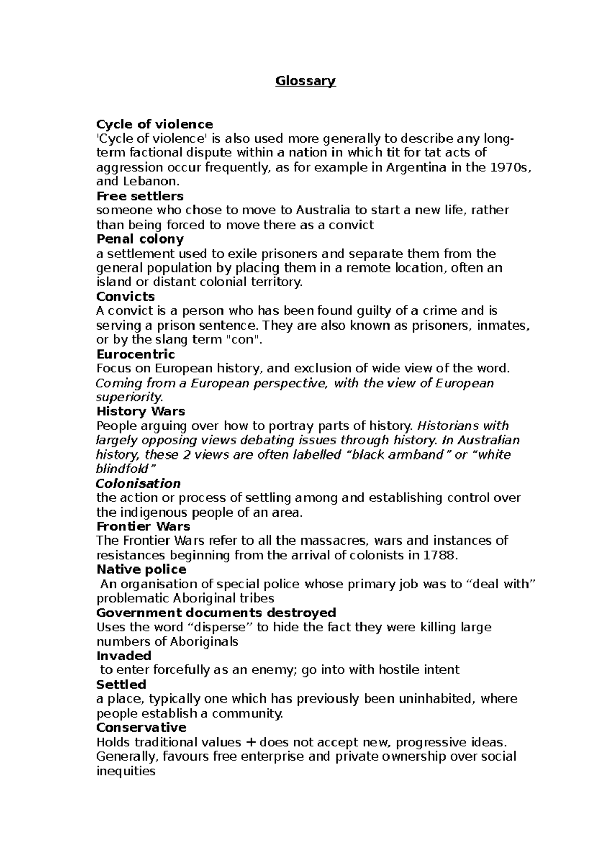 Glossary - Revision of Key Terms in Australian History - Studocu