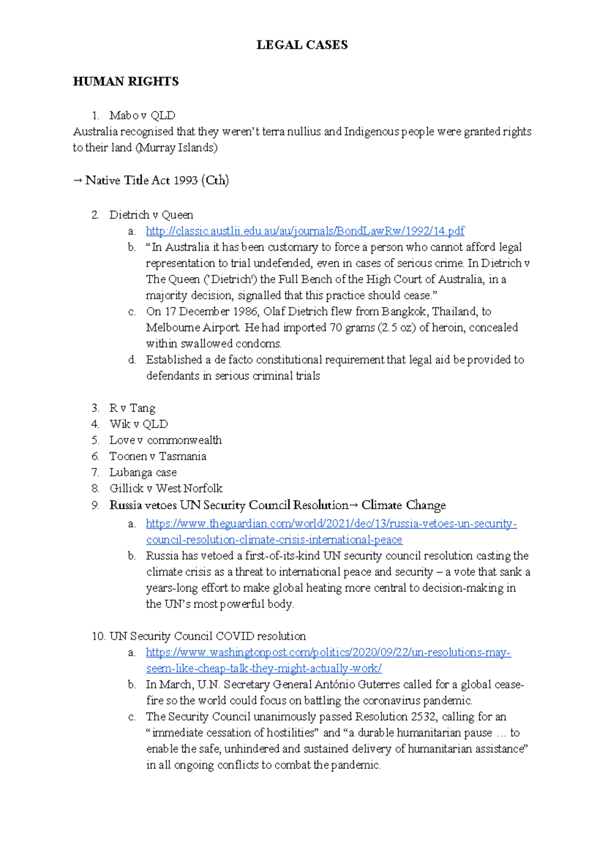 Legal Cases Summary: Human Rights & Crime Analysis (LAW101) - Studocu