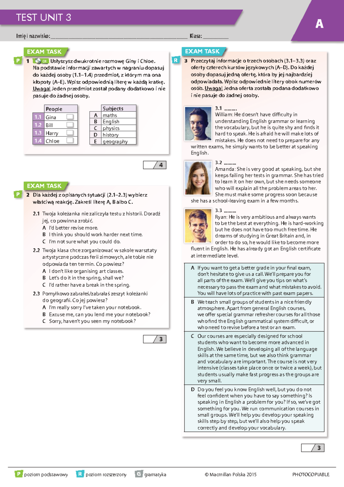 Test Unit 3 A - Exam Tasks and Language Course Recommendations - Studocu