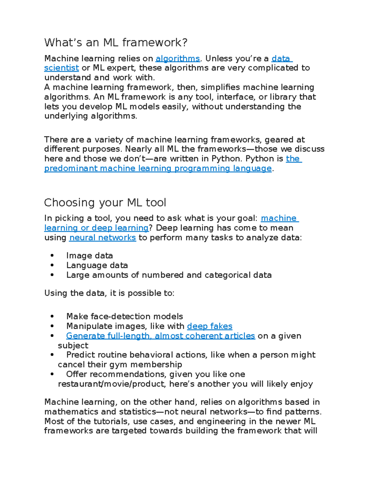 U 1 ML - What’s an ML framework? Machine learning relies on algorithms ...