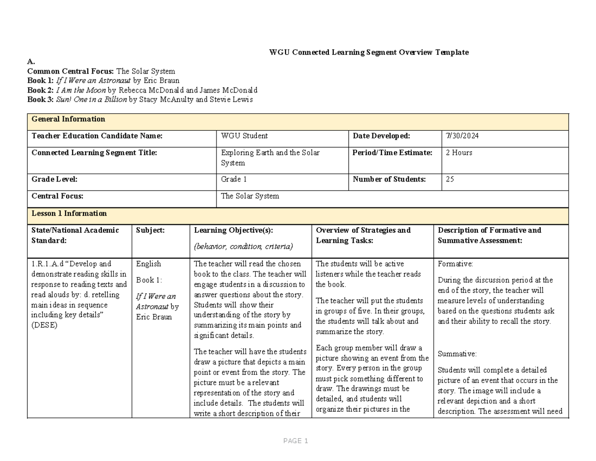 Task 2: Children's Literature & Lesson Plans on the Solar System C970 ...