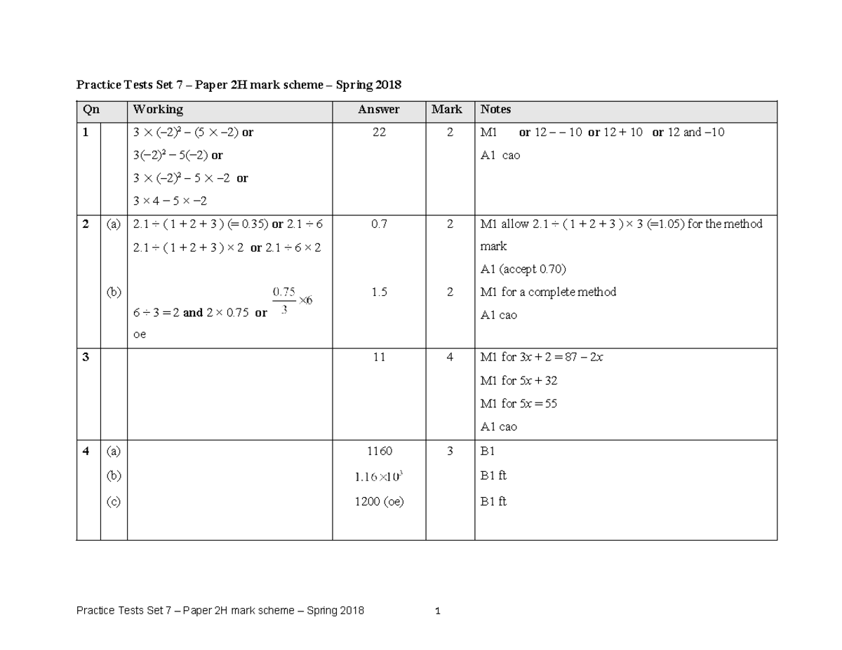 Practice Tests Set 7 - Paper 2H Mark Scheme Spring 2018 - Studocu