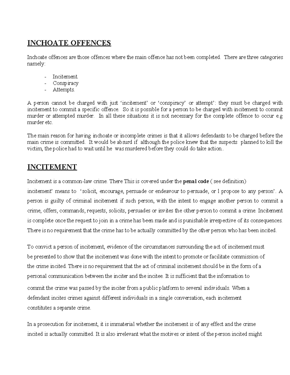 Criminal LAW II: Inchoate Offences - Incitement, Conspiracy & Attempts ...