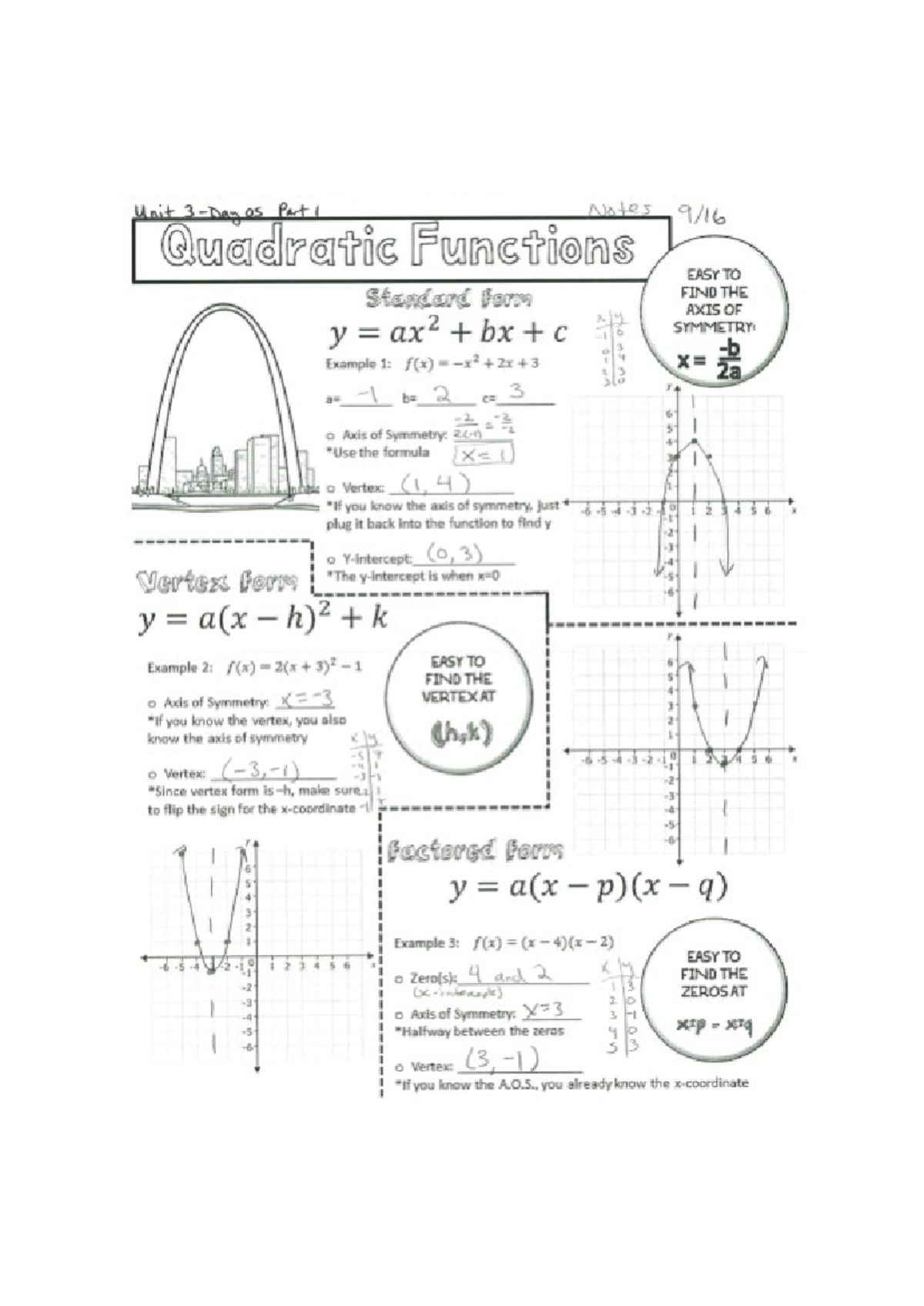 Quadratics Notes Key - Unit 3 os Part 1 Notes Quadratic Functions EASY ...