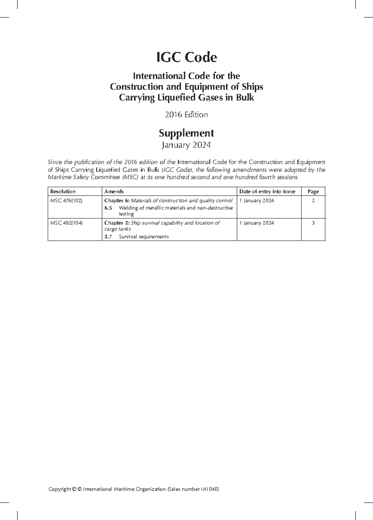 IGC Code 2016 Edition: January 2024 Supplement Updates - Studocu