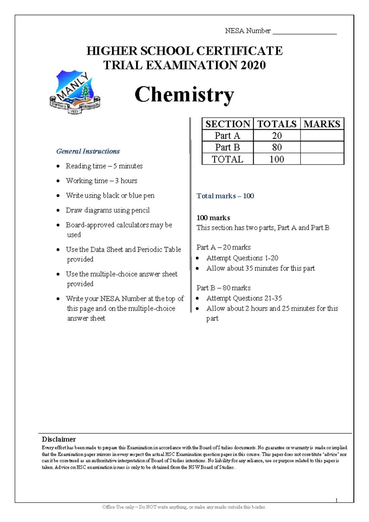 HSC 2020 Trial Chemistry Exam Questions & Guidelines - Studocu