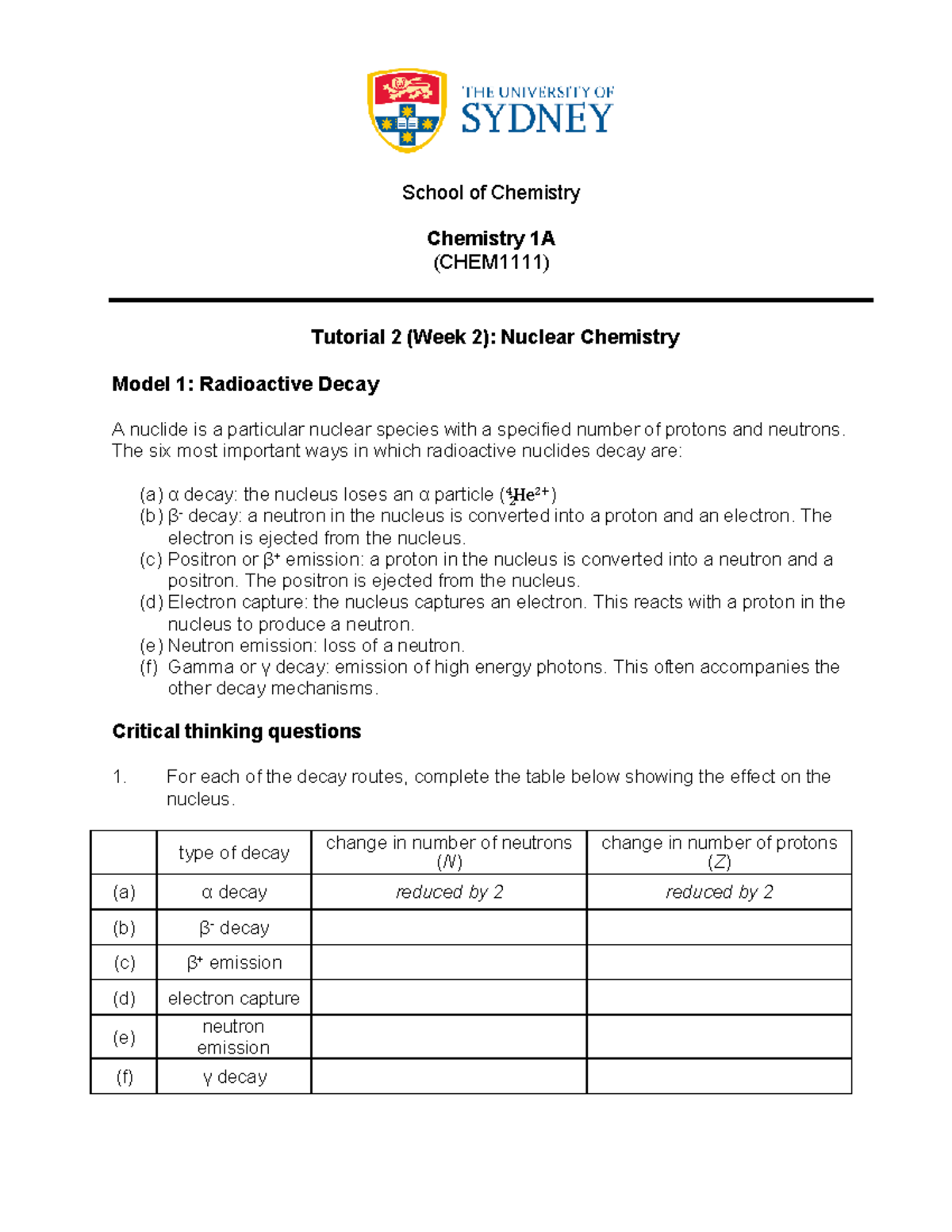 Chemistry 1A Tutorial 2: Nuclear Chemistry & Radioactive Decay - Studocu