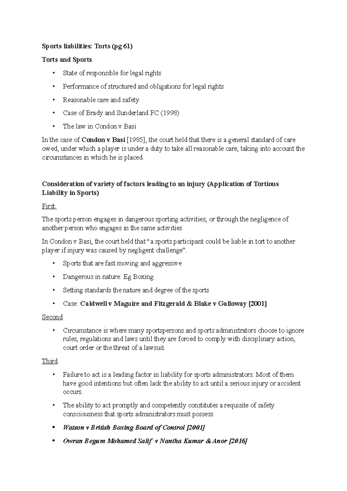 Sports law TORT - notes based on dr jacob's lecture and textbook ...