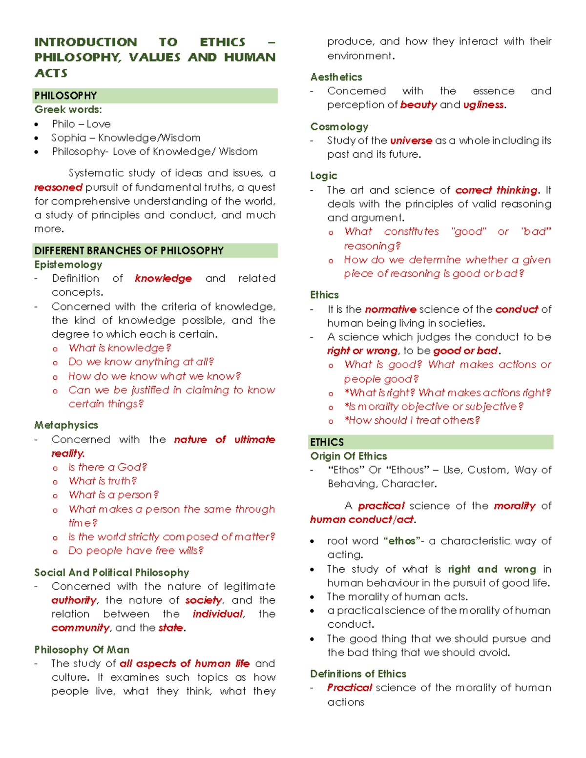 Introduction TO Ethics – Philosophy, Values AND Human ACTS ...