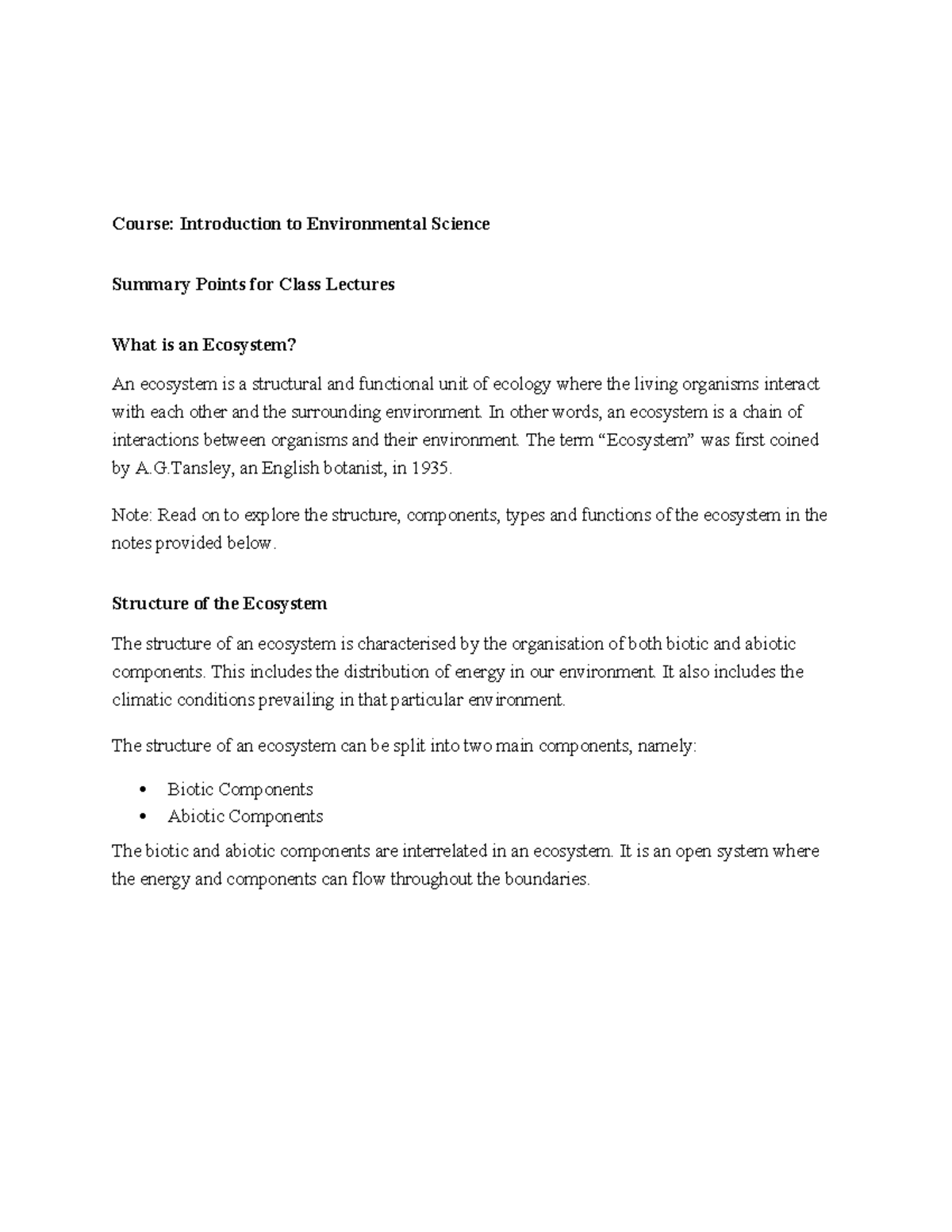 Intro to Environmental Science (NUML): Lecture Summary on Ecosystems ...