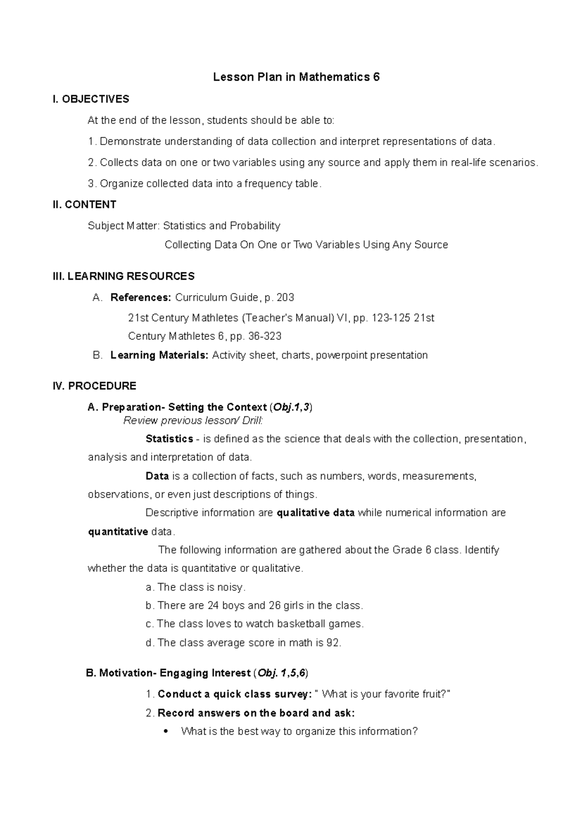 Q4-COT Math Lesson Plan: Data Collection & Frequency Tables - Studocu