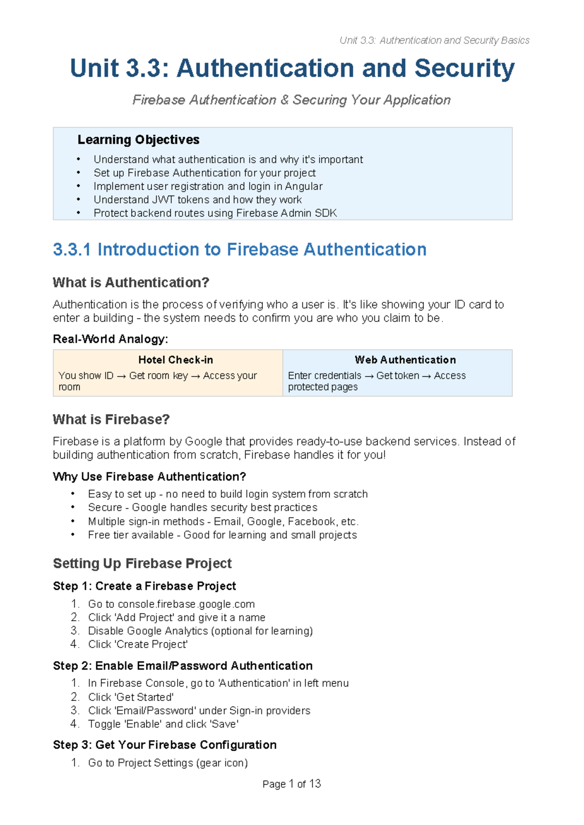 Unit 3.3: Firebase Auth & Security Basics for Angular Projects - Studocu