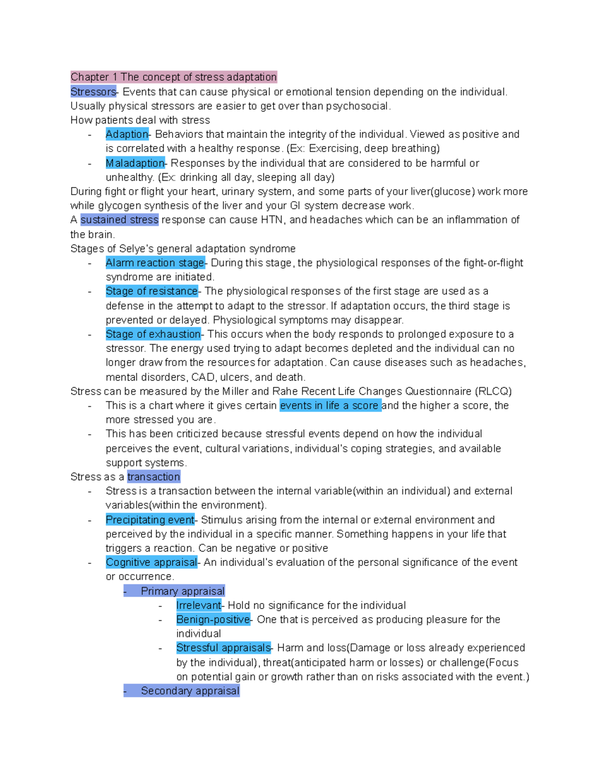 Test 1 Notes: Chapter 1 - Stress Adaptation Concepts and Responses ...