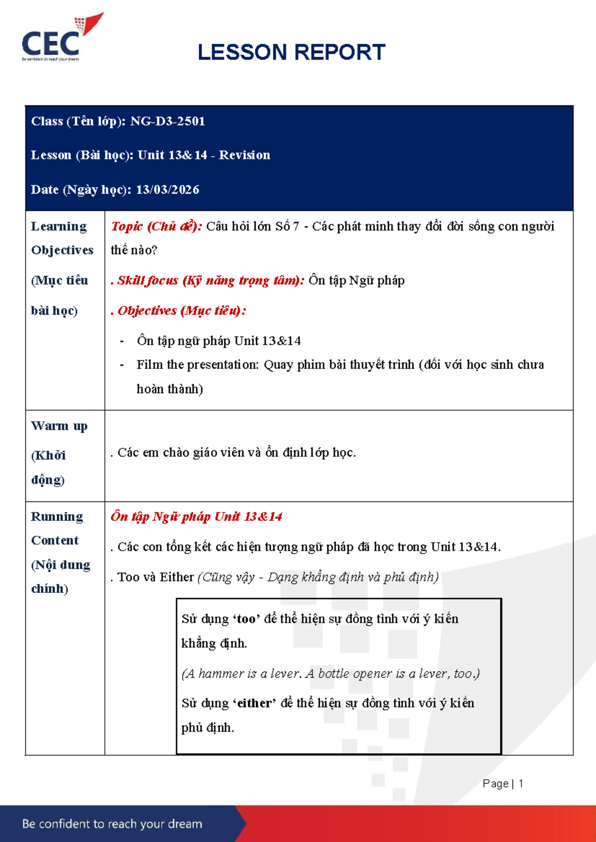 Lesson Report NG-D3-2501: Unit Revision and Grammar Review - Studocu