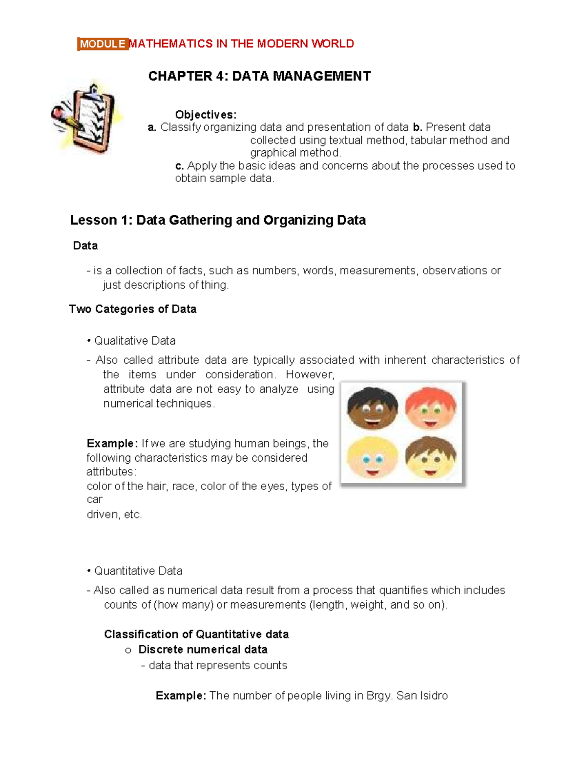 Mathematics in the Modern World (MODULE): Data Management Techniques ...