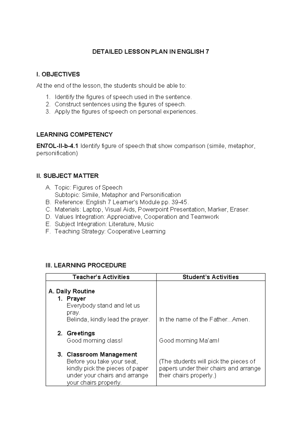 Detailed Lesson Plan on Figures of Speech in English 7 - Studocu