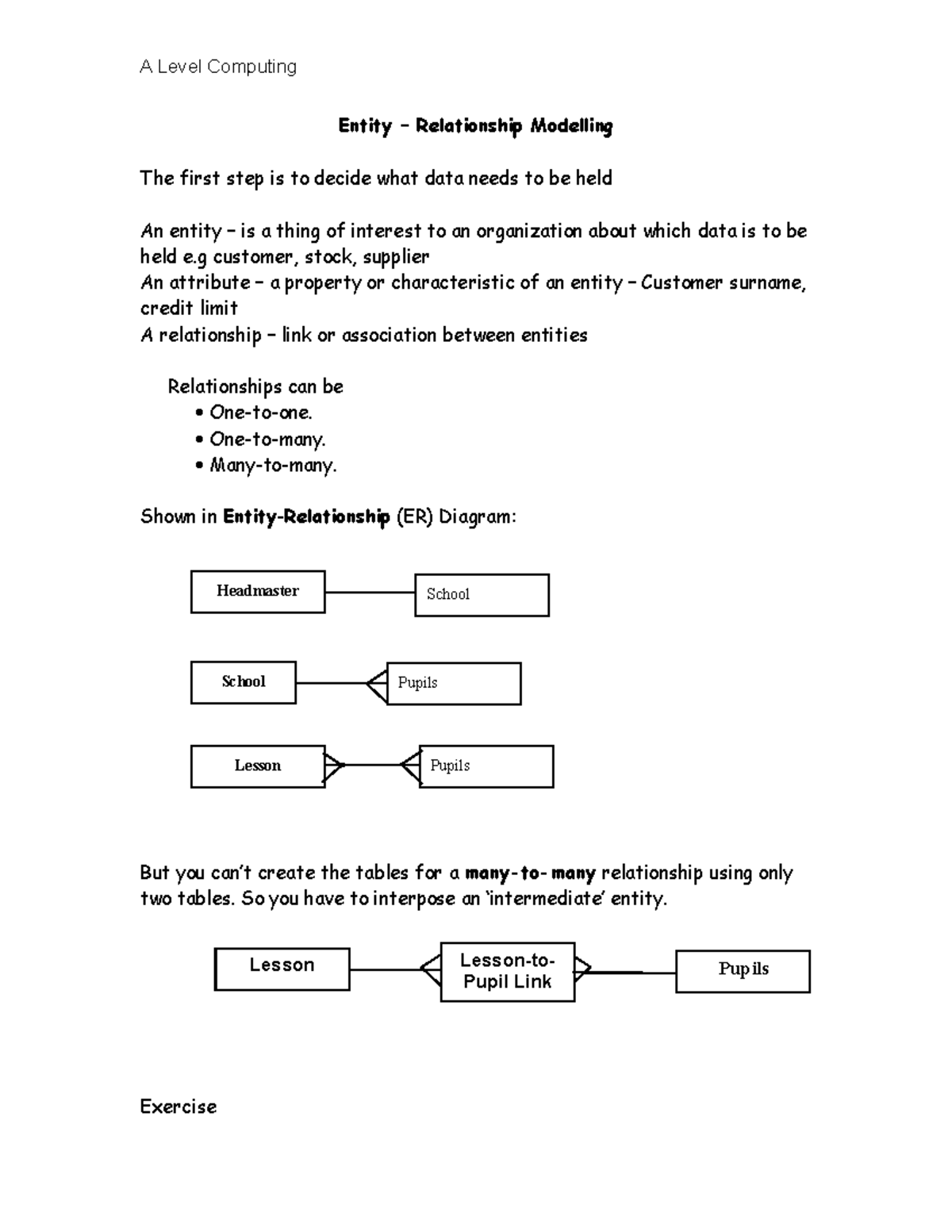A Level Computing ER Modelling Worksheet: Understanding Relationships ...