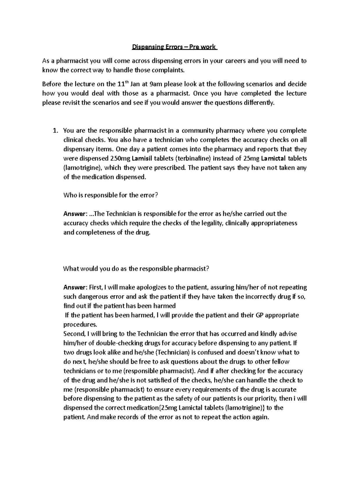 Handling Dispensing Errors: Prework for Lecture 11 Jan - Studocu