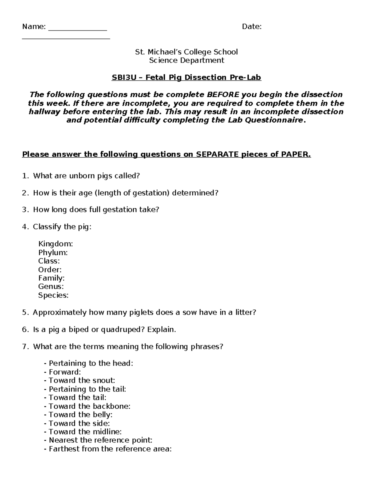 SBI3U Fetal Pig Dissection Pre-Lab Questions - Studocu