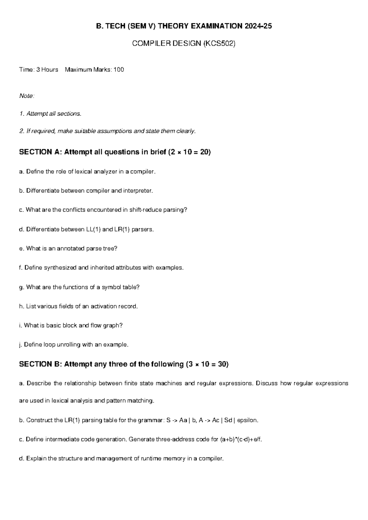 B. TECH (SEM V) COMPILER DESIGN THEORY EXAM SAMPLE PAPER (KCS502) - Studocu