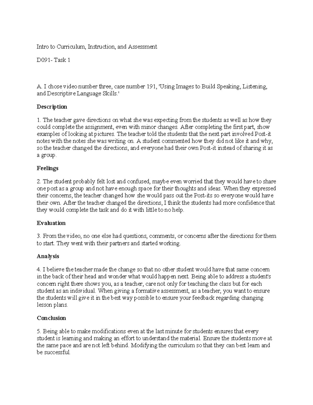 D091 Task 1 - Curriculum, Instruction, and Assessment Analysis - Studocu