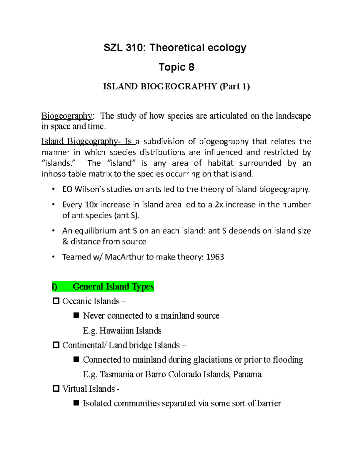 SZL 310 Final Exam Notes: Understanding Island Biogeography - Studocu